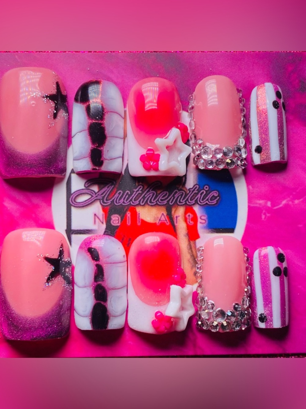 Pink & White 3D Star Accent Press-On Nail Set